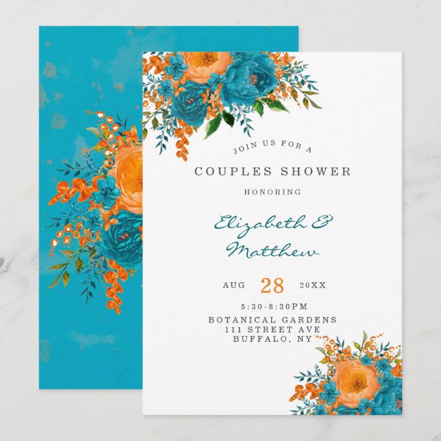 Invitation Florales turquoises et orange Couples Douche (Devant / Derrière)