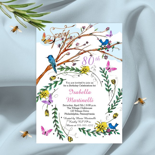 Invitation Florales vintages à main 80e anniversaire (Créateur téléchargé)