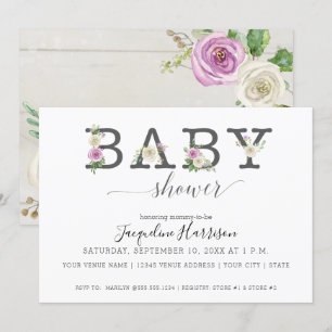 Invitation Florales violettes blanches rustiques   Baby showe