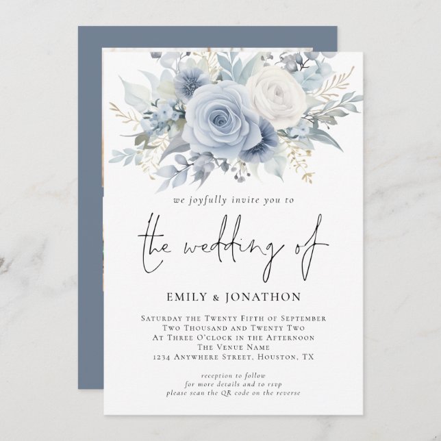 Invitation Florals 3 Photos QR Code Dusty Blue Mariage (Devant / Derrière)