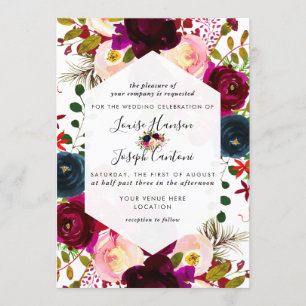 Invitation Florals Burgundy Blush Navy Mariage d'aquarelle