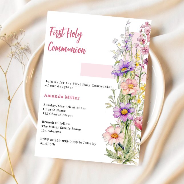 Invitation Florals croix rose fille Première communion (Créateur téléchargé)