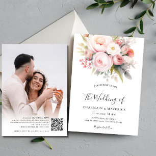 Invitation Florals Pink Photo Overlay QR Code Mariage