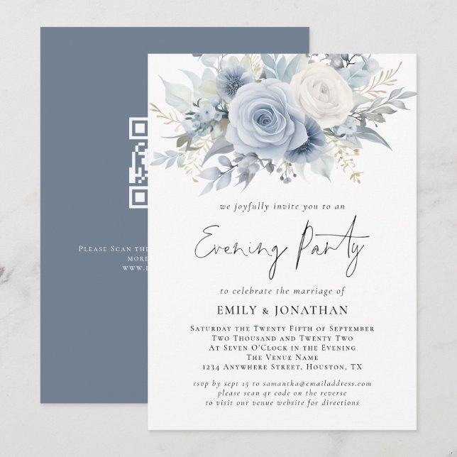 Invitation Florals QR Code Dusty Blue Mariage soirée (Devant / Derrière)