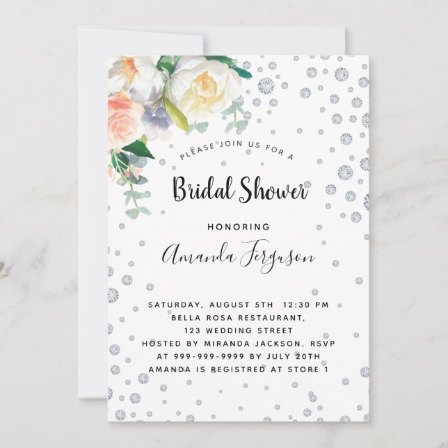Invitation Florals rose blanche or glamour douche nuptiale (Devant)
