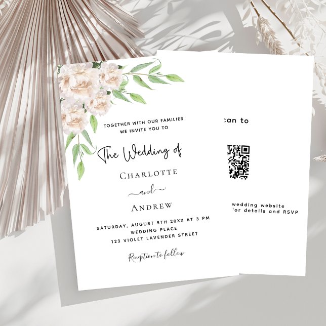 Invitation Floraux blancs verdure code QR RSVP mariage (Créateur téléchargé)