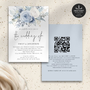 Invitation Floraux bleu-Dusty moderne Mariage de code QR
