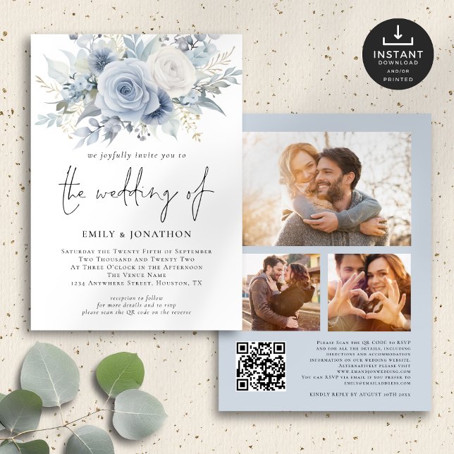 Invitation Floraux bleu poussiéreux 3 Photos Code QR Mariage (Front and Back View)