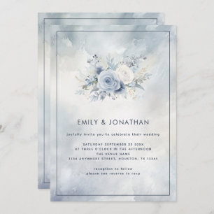 Invitation Floraux bleus Gris Aquarelle Laver Code QR Mariage