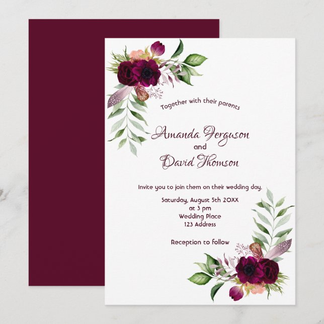 Invitation Floraux Bourgogne or vert boho mariage (Devant / Derrière)