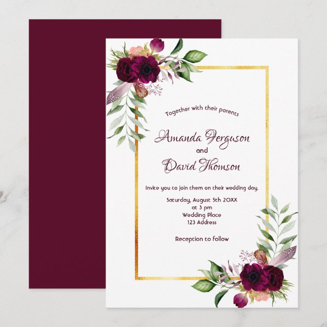 Invitation Floraux Bourgogne or vert boho mariage (Devant / Derrière)