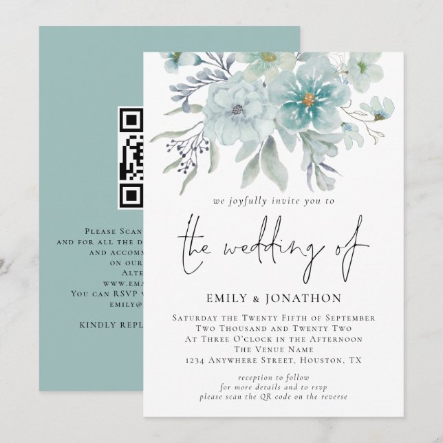 Invitation Floraux d'aquarelle de fond marin Mariage de code  (Devant / Derrière)