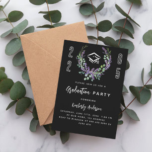 Invitation Floraux de lavande blanche noire 2025 Graduation P