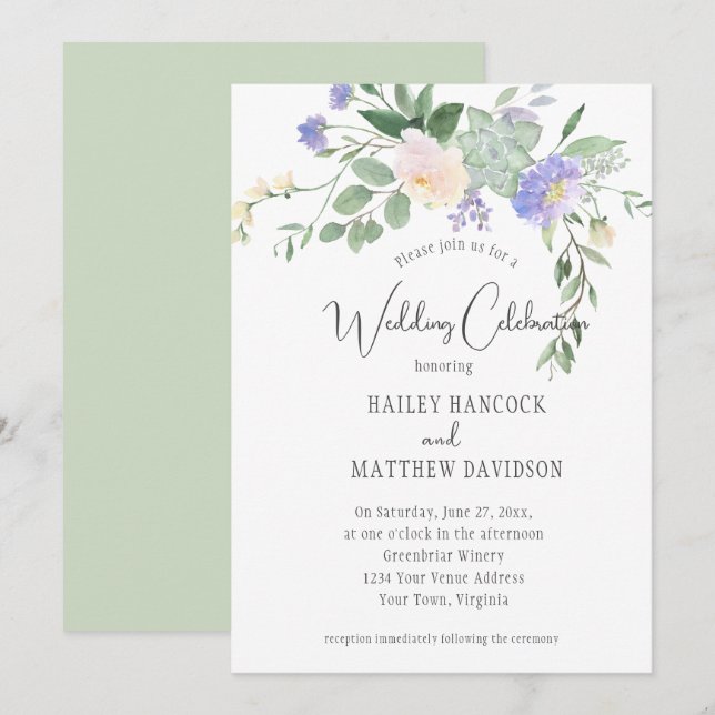 Invitation Floraux de menthe et de lavande et Mariage de succ (Devant / Derrière)