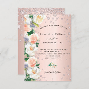Invitation Floraux d'or rose diamants roses mariage