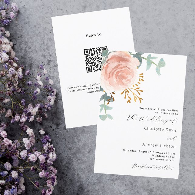 Invitation Floraux d'or rose verdure code QR mariage RSVP (Créateur téléchargé)