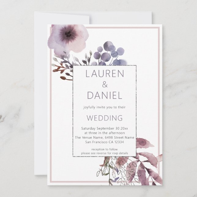 Invitation Floraux Feuille violet Mariage de code QR (Devant)