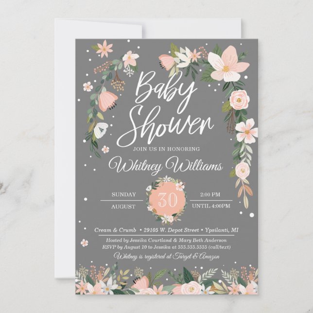 Invitation Floraux lunatiques rougissent baby shower gris (Devant)