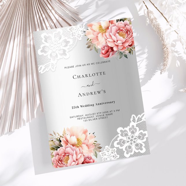 Invitation Floraux rose argent 25e anniversaire mariage (Créateur téléchargé)
