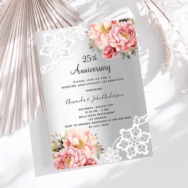 Invitation Floraux rose argent 25e anniversaire mariage (Créateur téléchargé)