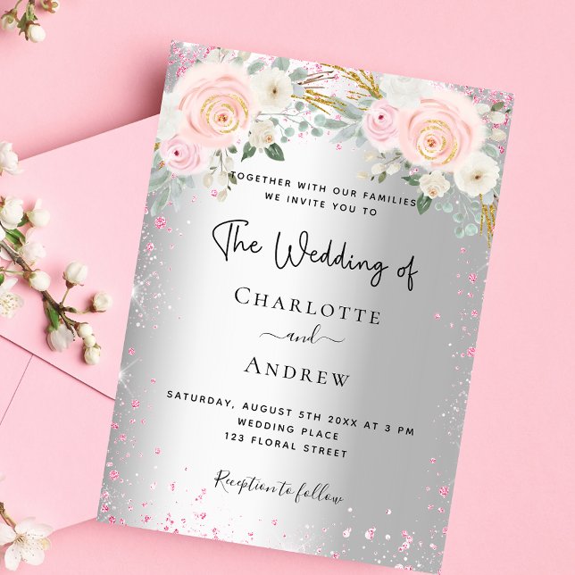 Invitation Floraux rose argent mariage parties scintillant lu (Créateur téléchargé)