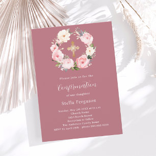 Invitation Floraux rose or rose couronne croix Confirmation