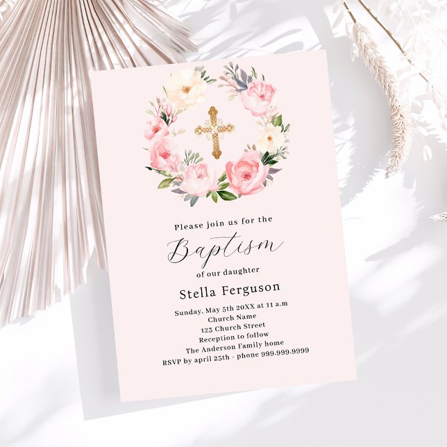 Invitation Floraux rose rousse couronne croix fille baptême (Créateur téléchargé)