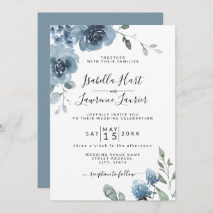 Invitation Flore bleu ardoise Dusty Blue Pastel Mariage