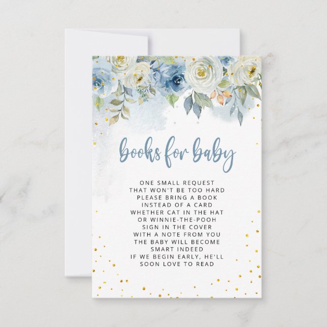 Invitation Flore Bleu Blanc avec Glitter Or Livres pour bébé (Devant)