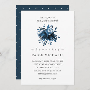 Invitation Flore bleu classique et blanche avec points