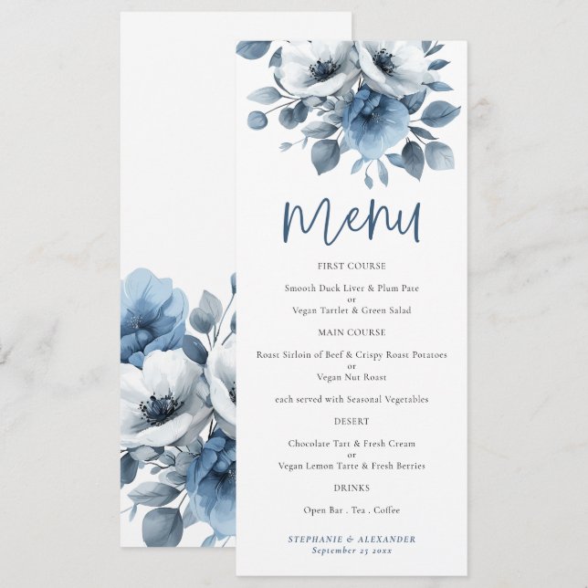 Invitation Flore bleu poussiéreux Script Wedding Menu imprima (Devant / Derrière)