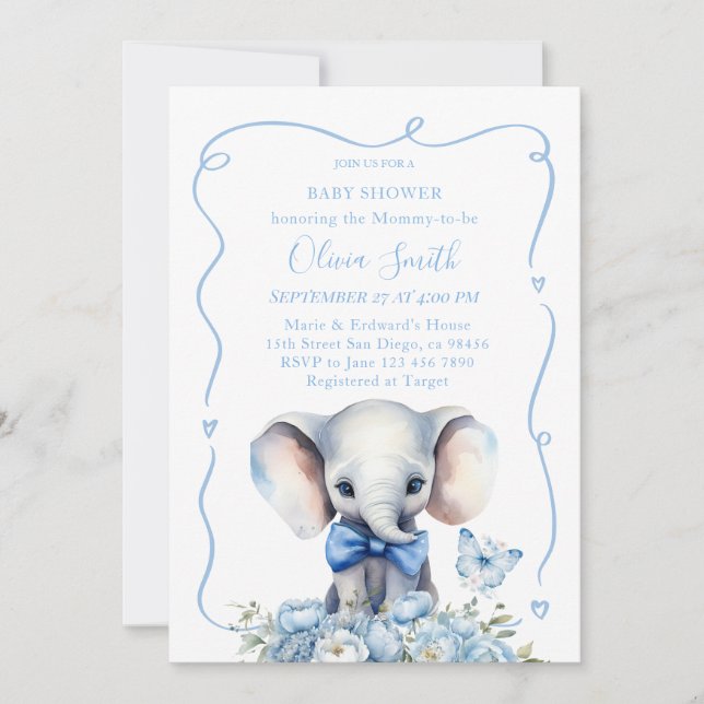 Invitation Flore Bleue Avec Baby shower Éléphant Papillon (Devant)