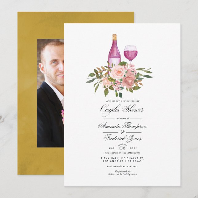 Invitation Flore Blush et vin d'or Dégustation Couples Douche (Devant / Derrière)