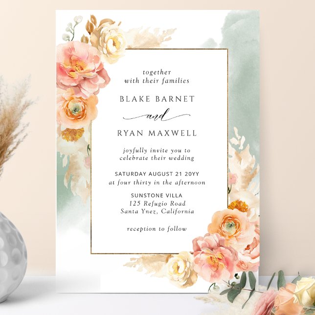 Invitation Flore brune, Mariage chic à l'aquarelle Sage (Créateur téléchargé)