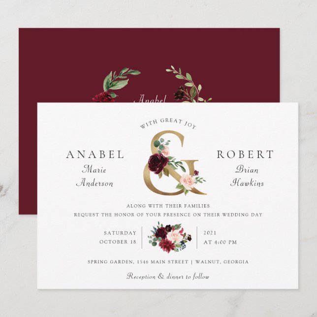 Invitation Flore Burgundy Blush Gold Ampersand Typographie (Devant / Derrière)