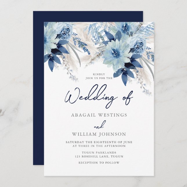 Invitation Flore couleur bleu pâle avec Mariage de marine (Devant / Derrière)