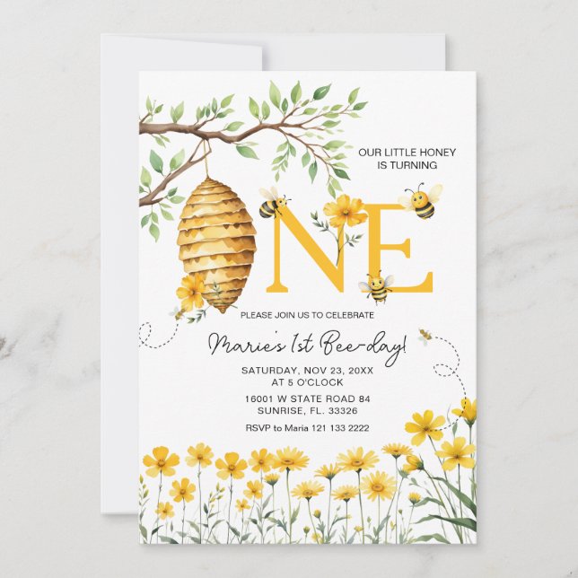 Invitation Flore d'abeilles Notre petit miel L'abeille tourne (Devant)
