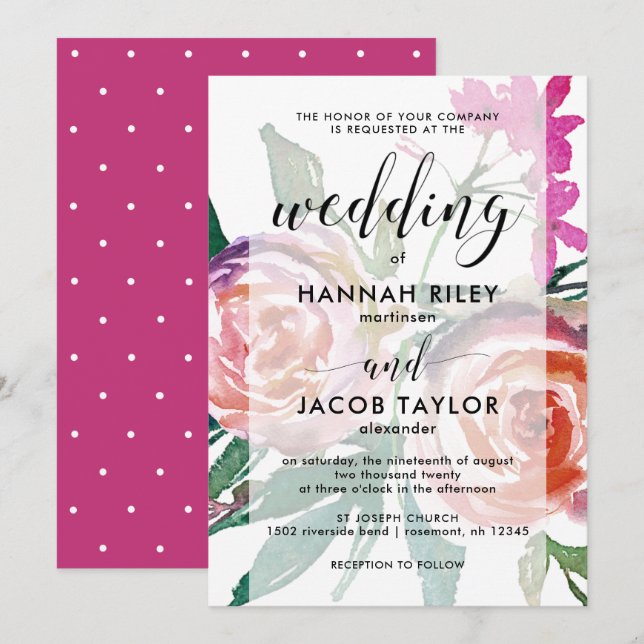 Invitation Flore d'aquarelle en gras avec Mariage de superpos (Devant / Derrière)
