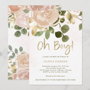 Invitation Flore d'aquarelle neutre  Baby shower Oh Boy