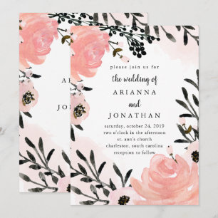 Invitation Flore d'aquarelle noire et rose pâle  Mariage