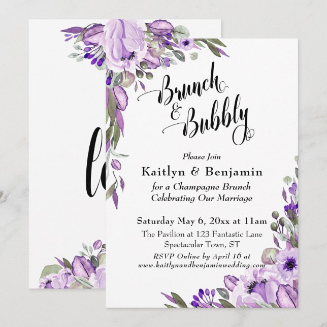 Invitation Flore d'aquarelle violette Brunch & Bubbly (Devant / Derrière)