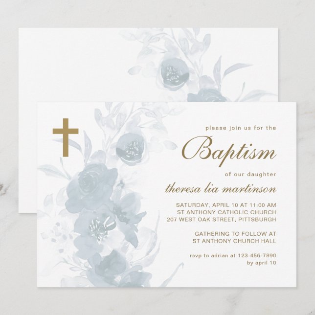Invitation Flore délicate avec Baptême croisé (Devant / Derrière)