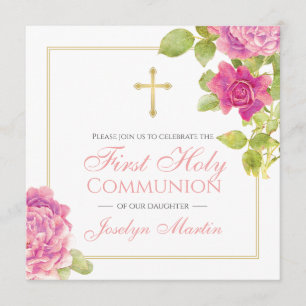 Invitation Flore des roses roses roses de la première communi