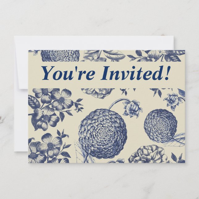 Invitation Flore d'impression florale de fleurs bleues antiqu (Devant)
