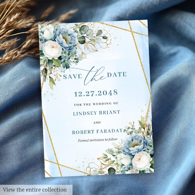 Invitation Flore d'or blanc blanc bleu rustique moderne (Modern Rustic Dusty Blue White Gold Floral Save The Date)