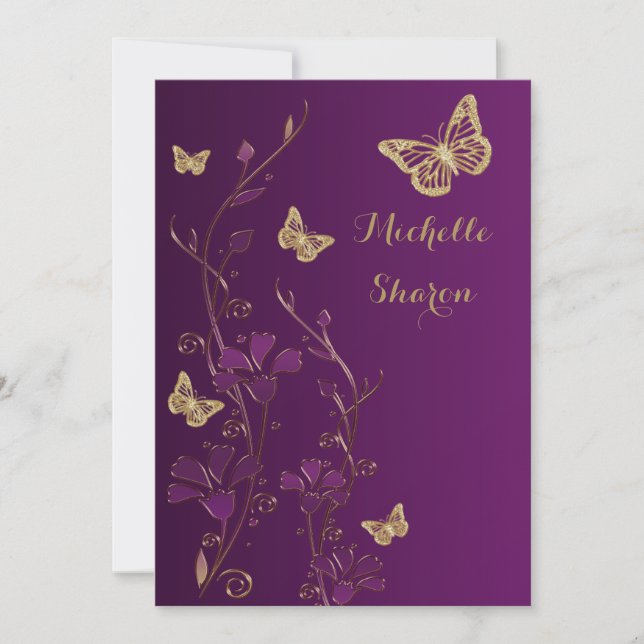 Invitation Flore d'or pourpre avec Bat mitzvah de papillons (Devant)