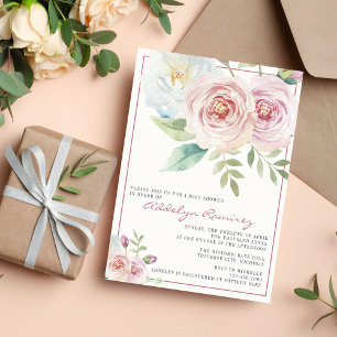Invitation Flore douce et romantique verdure Baby shower Mauv