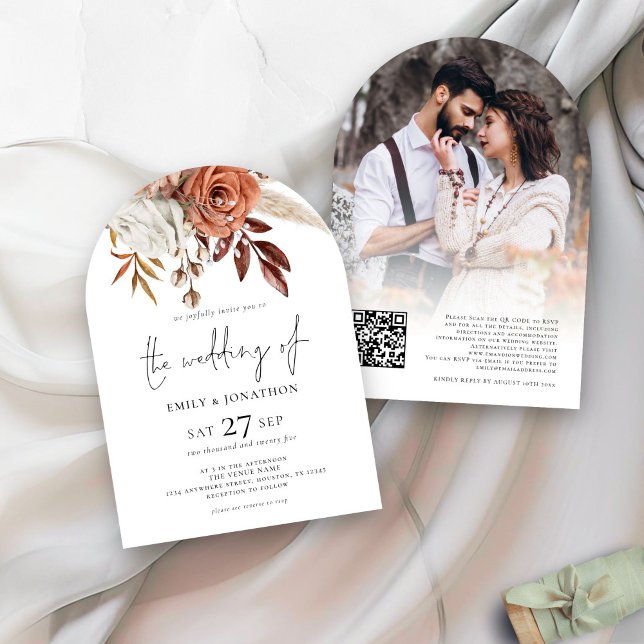 Invitation Flore en terre cuite Photo QR Code Mariage Arch (front and back view)