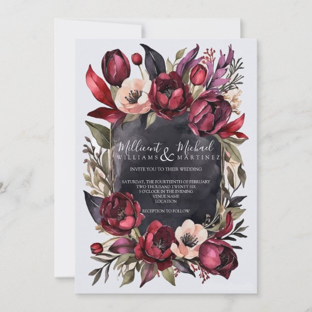 Invitation Flore esthétique foncée - Mariage rouge et noir (Devant)