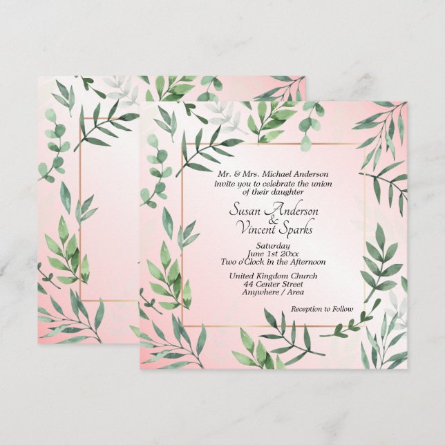 Invitation Flore et faune élégantes Touche de Mariage rose (Devant / Derrière)